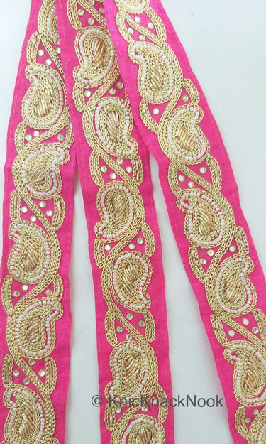 Pink Lace Trim With Floral Zardozi Hand Embroidery And White Beads & Indian Stones Kundan Embellishment, Approx. 40mm, Decorative Trim